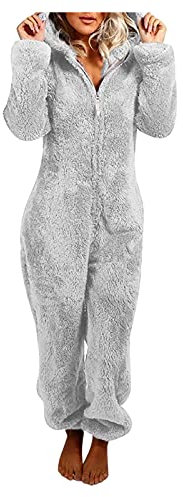 Jumpsuit Damen Teddy Fleece Einteiler Overall Anzug Flauschig Schlafanzug Winter Warm Onesie Plüsch Kuschelig Overall Hausanzug Lang Schlafoverall Weich Pyjama Schlafanzug mit Kapuze S-5XL