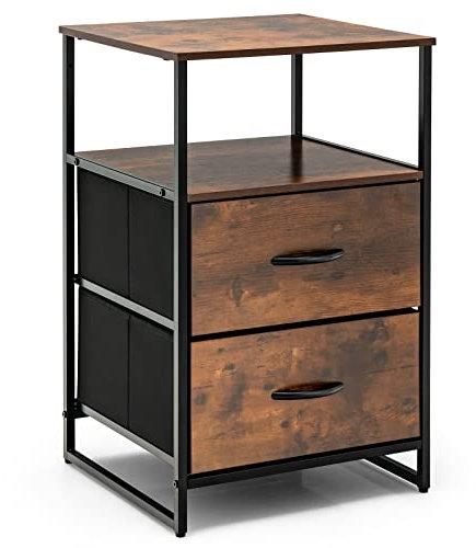 COSTWAY 2/3-Drawer Dresser, Fabric Chest of Drawers with Wooden Top and Front, Metal Frame Storage Cabinet Tower Organizer Unit for Bedroom Living Room Hallway (2 Small Drawers+2-Tier Shelf, Brown)