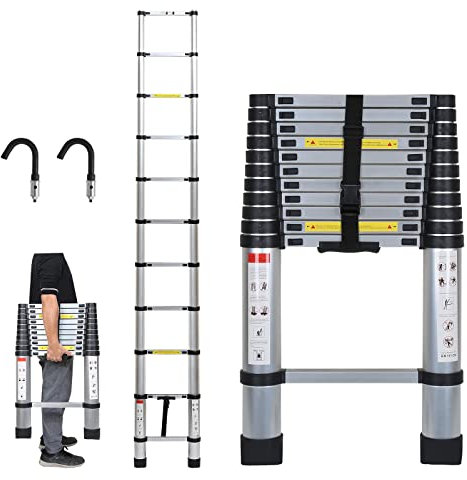 Tubiaz Teleskopleiter, 3.2M Aluminium Klappleiter mit Abnehmbarem Haken, Tragbar Ausziehleiter, Teleskop Aluminiumleiter, Mehrzweckleiter, Maximale Tragkraft von 150kg