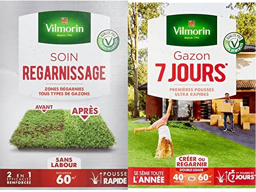 VILMORIN - Soin Regarnissage Universel 2 en 1 - Semences de gazon + Fortifiant naturel - Rénovation facile des gazons abîmés - Levée rapide - Enracinement profond - 1 Kg & Gazon 7 Jours, Vert, 1 kg