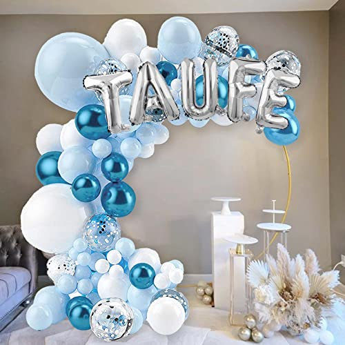 115 Stk Taufe Luftballons Blau Weiß Silber TAUFE Folienballons(16 Zoll) mit Metallic Latex Luftballons(5-18 Zoll) und Ballonbogen Girlande Kits für Taufe Dekoration Mädchen und Jungen Babyparty usw.