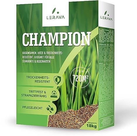 LERAVA CHAMPION Gazon a Semer - Graine pelouse résistant à la Sécheresse - semences de gazon - graines gazon premium - pelouse a semer - semence gazon - Graine gazon - gazon regarnissage - 720 m²