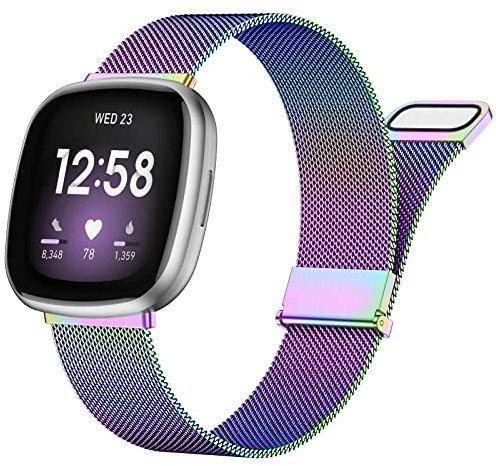 Faliogo Armband Kompatibel mit Fitbit Versa 3 Armband/Fitbit Sense Armband/Fitbit Sense 2 Armband/Fitbit Versa 4 Armband, Edelstahl Metall Ersatzarmband für Versa 4/Versa 3/Sense 2/Sense, Regenbogen