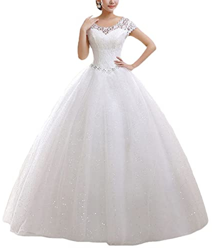 YOUCAI Robe de Mariée Longue Princesse Robe de Mariage Col Rond Tulle Dentelle,Blanc,EU46