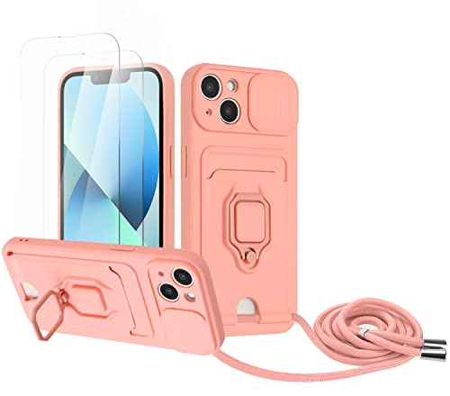 Zallagre Handykette Hülle kompatibel mit iPhone 13.[2 Stück] Schutzfolie Glas,Kameraschutz,360 Grad Ringhalter Stand,Kartenfach,Silikon hülle-Rosa