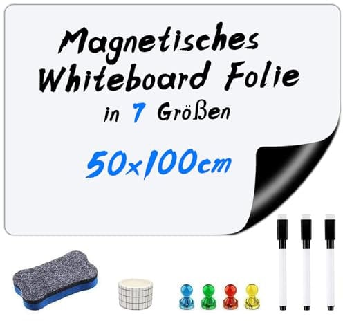 Whiteboard Folie, 50x100 CM Selbstklebende Weißwandtafel Folie Wiederbeschreibbar Magnetisches Whiteboard Sticker DIY Whiteboardfolie Kreidetafel Wandaufkleber für Büro Schule Zuhause Küche