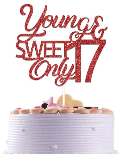 Young & Sweet Only 17 Cake Topper Hello 17 Cake Topper Sweet 17 Anniversary Party Decoration Girls Happy 17th Birthday Cake Decorations Red Glitter