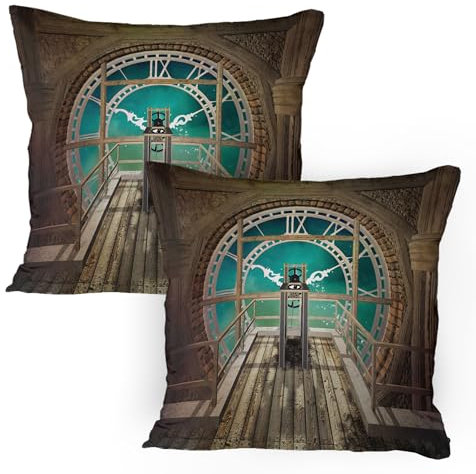 ABAKUHAUS Steampunk Kissenbezug Packung mit 2, Fantasie-Hintergrund-Druck der Innenansicht des Uhr-Turms hölzernes Zwischengeschoss, Dekorativer Gedruckter Kissenbezug, 80 x 80 cm, Pale Brown Türkis