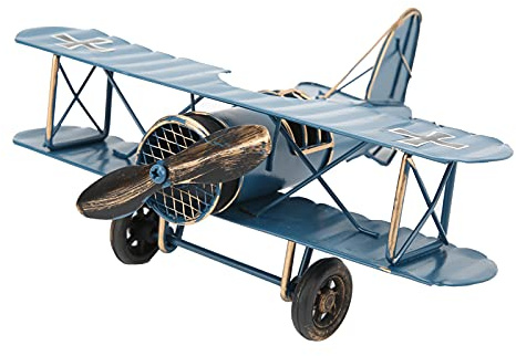 LYRLODY Eisen Delikates Vintage Biplane Modell, Retro Flugzeugmodell Schmiedeeisen, Dekoration Flugzeug Metall Flugzeugmodell für Zuhause und Café im Retro Stil (Blau)