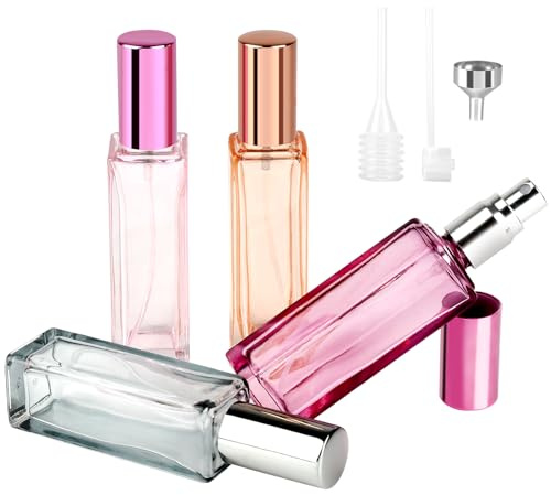 4 Pièces Vaporisateur Parfum Rechargeable en Verre, 20ml Flacon Vide, Portable pour Voyage, Hommes et Femmes (Orange, Violet, Gris, Rose)