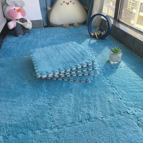 10/20 Pcs Plush Crawling Mat, 30 * 30 cm Plush Foam Floor Mat, Non-slip Soft Interlocking Foam Interlocking Carpet Tiles with Edge for Bedroom and Living Room (10PC Blue)
