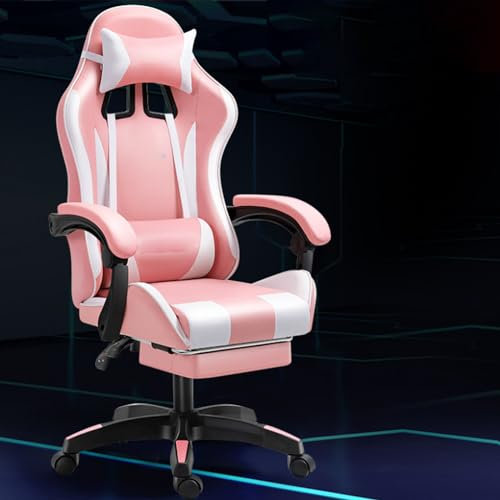 Ergonomischer Gaming Chair, HöHenverstellbar Gamer Stuhl Mit FußStüTzen Armlehne, Drehsessel Mit LendenwirbelstüTze KopfstüTze, BüRostuhl Verstellbar 90-135° 250kg Belastbarkeit, rosa weiß