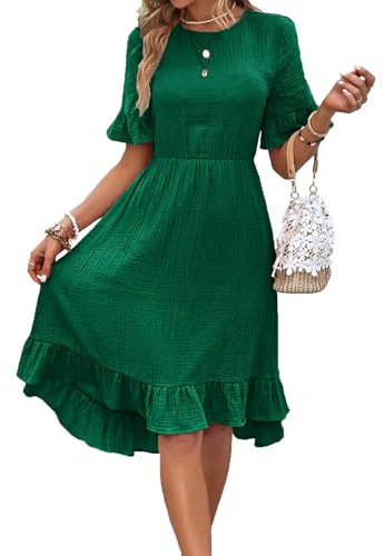 Sommerkleid Damen Elegant Rüschen Halbarm Rundhals Midikleid Musselin Kleid Casual Elastische Taille Leicht A Linien Kleider Dunkelgrün M