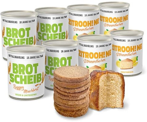 ration1 Probierpaket Brot und Kuchen, 8er Pack 10 Jahre haltbar, 4x Roggenmischbrot 350g, 4x Zitronenkuchen 360g, Dosenbrot und Dosenkuchen Vorratspackung für Wandern, Camping, als Notfallnahrung