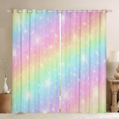 Homewish Regenbogen-Vorhänge für Kinderzimmer und Jugendzimmer, Batik-Pastell-Vorhänge, 167,6 x 182,9 cm, goldener Glitzer, süßer Verdunkelungsvorhang mit Aquarell-Kunstmuster, Verdunkelungseffekt
