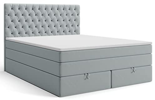 MRGROUP Boxspringbett mit Bettkasten Lyon 180 x 200 cm, hellgrau Samtstoff, Polsterbett mit Bonell-Matratze und Topper Doppelbett mit Stauraum Bett für Schlafzimmer Gepolstertes Kopfteil Härtegrad H3
