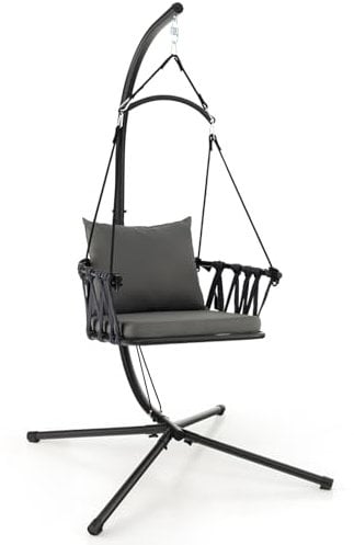COSTWAY Silla Colgante con Soporte, Cojines para Asiento y Respaldo, Columpio Colgante, Estructura de Metal Inoxidable, Sillones Colgantes Interior Exterior,Jardin Terraza, Carga 150kg