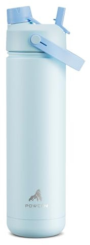 POWCAN Botella de agua térmica de 768 ml/26 oz con pajita y boquilla 2 en 1, mantiene el frío 24 horas, a prueba de fugas, se adapta al portavasos del coche, botella de acero inoxidable (Sea Breeze)