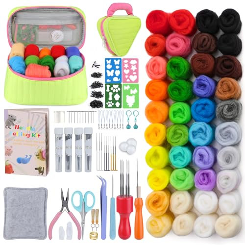 Kuppt Filzen Starterset, Filz Set, Filzset Mit Filzwolle in 40 Farben, Filznadeln (Spirale, Kegel, Dreieck) Und Wollfilzkissen Für Selbstgemachte Dekoration
