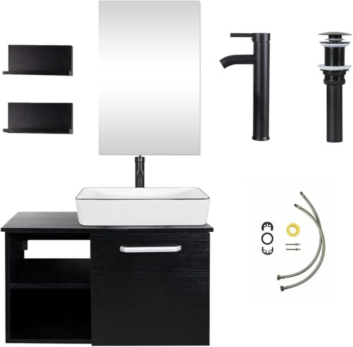 YU YUSING Ensemble de Meubles Salle de Bain, Meuble sous Lavabo avec Miroir, Armoire de Rangement, 2 Étagères Murales Meuble sous Vasque, Lavabo en Céramique, Noir