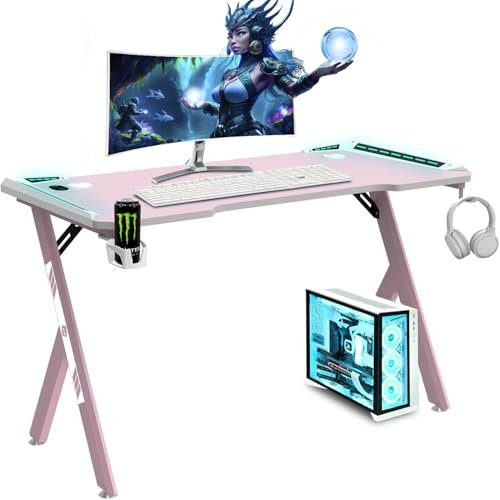 NK Mesa Escritorio Gaming con LED (120x60cm) - Portavasos y Botellas, Soporte Auriculares/Cascos, Gestión de Cables, Gaming Desk, Tabla 1.5cm (Resistencia) Peso Máximo 100kg (Rosa)