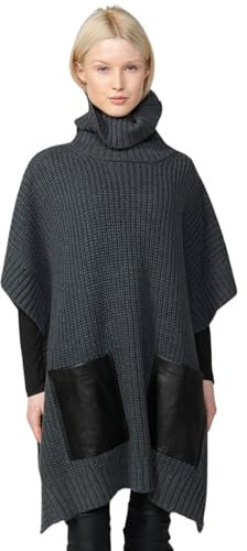 Koroshi Jersey de Cuello Alto Tricot Tipo Capa con Bolsillos de plastrón Delanteros para Mujer de Color Gris, de Color Gris Marengo, Talla Uni