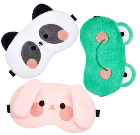 SacJkt Schlafmaske Kinder, Schlafmasken, 3 Stück Schlafbrille Kinder, niedliche Tier-Augenmaske mit Verstellbarem Riemen, Cartoon-Augenmaske zum Schlafen für Nickerchen, Reisen, Camping