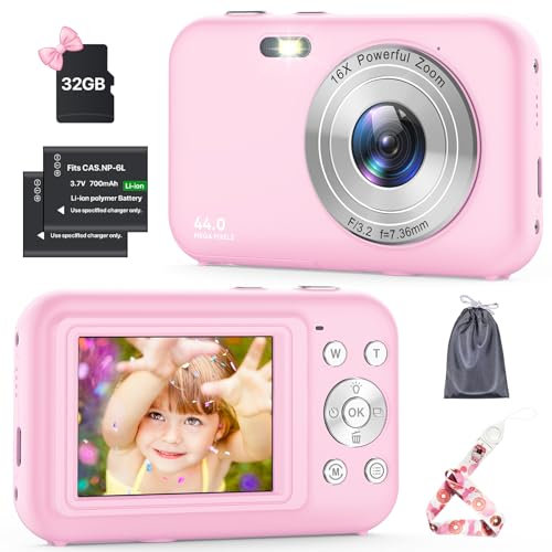 Fotocamera Digitale Compatta con scheda da 32GB, 1080P 44MP Macchina Fotografica Digitale con Zoom Digitale 16X Flash e 2 Batterie, Ricaricabile Fotocamera per Bambini, Adulti, Principianti (Rosa)