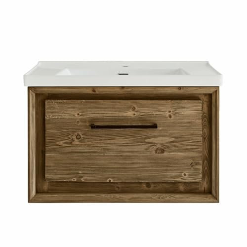 Loberon Waschtisch Greenhaven, Moderne Wandmontage, Großes Keramikbecken mit Ablage, Rustikaler Charme, Badmöbel, Tannenholz, Edelstahl, weiß/braun