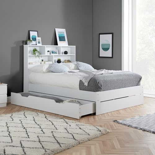 happybeds Alfie White Wooden Storage Bed, 4ft6 Double, Modern Design | 4ft6 Double, Wooden Storage Bed, White, 135 x 190 cm, Minimalist Design, Under-Bed Storage
