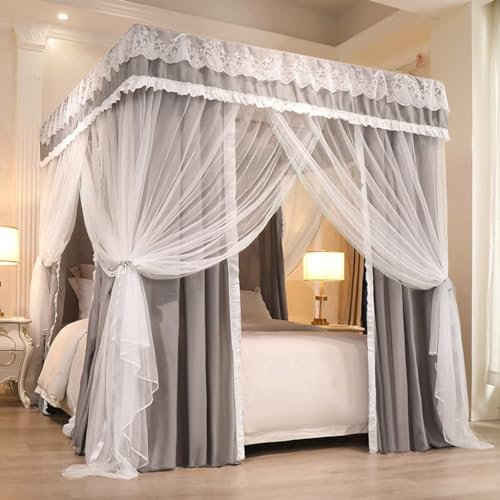 King Size Moskitonetz-Vorhang, 4 Eckpfosten, Betthimmel für Erwachsene, Schlafzimmer, Mädchenbett, Kinderzimmer (Solid Grey)