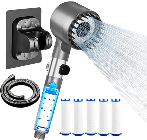 Duschkopf mit schlauch 1,5M,Halterung und 5 Filter,Hochdruck Handbrause duschkopf mit filter,Wassersparend Filtration 3+1 Strahlarten,für Entfernen vom Antikalk,Rest-Chlor,Schwermetall (Grey)