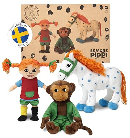 Pippi Langstrumpf Kuscheltier-Set - Mit Pippi Stoffpuppe (20 cm), Herr Nilsson AFFE Kuscheltier (16 cm) & Kleiner Onkel Kuscheltier Pferd (22 cm) - Offiziell lizenziert, Plüschtier klein für Kinder