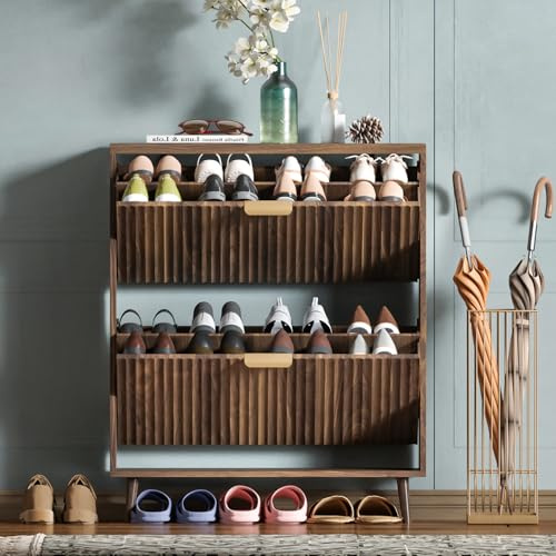 QIVOMIX Shoe Cabinet Storage, Modern Freestanding Organizer with 2 Flip Drawers, Narrow Shoe Rack for Entryway, Walnut