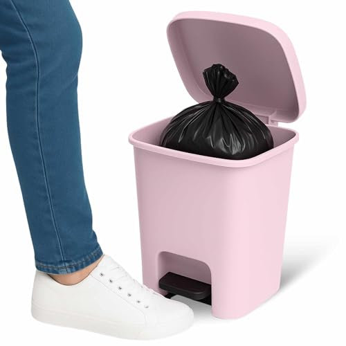 TECHZOCO Cubo basura plástico, Cubo basura apertura pedal, Papelera de pedal, cubo de Pedal, Basura para oficina, Libre BPA, 40 cm alto x 32 cm ancho x 28 cm fondo, Capacidad 18 Litros, Rosa claro