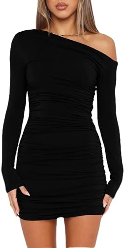 ELFIN Women's Sexy Bodycon Mini Dress Long Sleeve Off Shoulder Ruched Club Party Evening Short Dresses