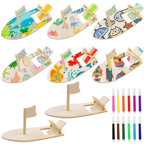 YHSKJCD Holzboot Holz Bastelset, 8 Stück Holz Basteln, Mini Segelboot Basteln zum Bemalen, Holzbastelsets mit Aquarellstift