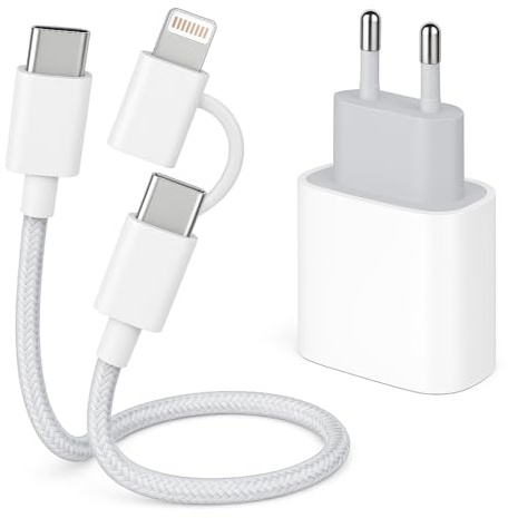 Chargeur USB C pour iPhone, Adaptateur Secteur 35W pour iPhone, Chargeur Rapide pour Android & iOS avec Câble 2 en 1 USB-C vers Type-C et Lightninng, Blanc