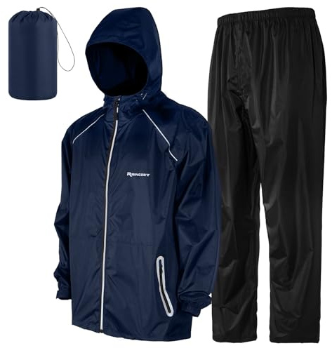 LAMA Combinaison de pluie pour homme et femme, veste de pluie imperméable et pantalon de pluie, vêtements de pluie lourds avec capuche et pochette de rangement, coupe-vent, léger, respirant, noir