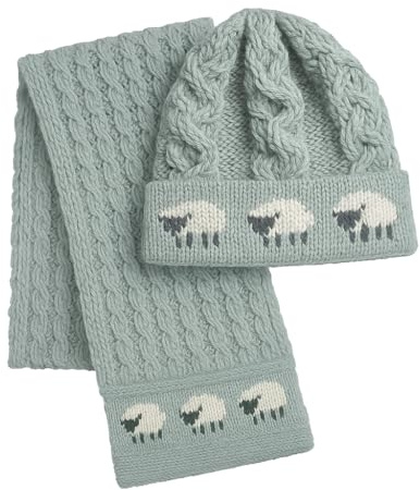 MYSASI Damen-Aran-Schal und Mütze, 100 % britische dicke Wolle, warmes Schaf-Design, Heritage-Kollektion