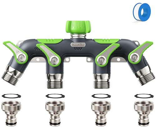 RAINPOINT Garden Hose Splitter 4 Way, 3/4 Heavy Duty Water Hose connector with Shutoff Valves and 3/4 to 1/2 Adapter, 100% Metal Body Outdoor Faucet Splitter, 1.9 Extra Long Metal Handle
