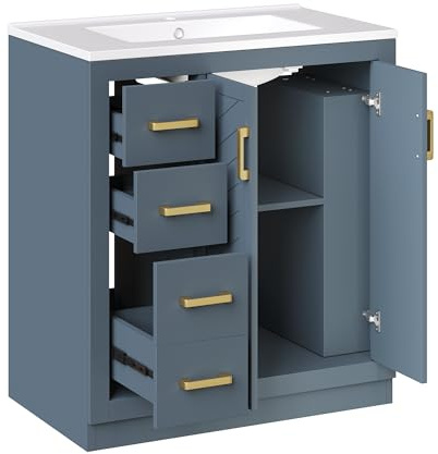 HAINEW Juego de 2 muebles de baño con armario bajo, armario para debajo del lavabo, armario de pie para baño, juego de 2 con 2 puertas y 3 cajones, 76,5 x 46,5 x 84,5 cm, HD26022703 (azul)