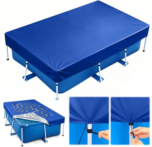 Cubierta Piscina Rectangular 300×205 cm, Cobertor de Piscina con Amarres de Cuerda, Fundas para Piscinas, Al Agua, Al Polvo y Al Desgarro, Lona Cubre Piscinas para Protectora Invierno y Verano
