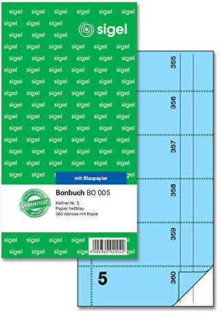 SIGEL BO005 Bonbuch, 360 Abrisse, Kellner-Nr. 5, blau, 10,5 x 20 cm, 2x60 Blatt