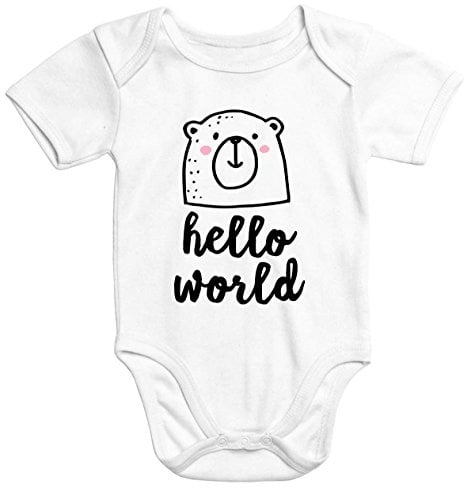 MoonWorks Baby Body mit Bär Hello World Aufdruck Bio-Baumwolle kurzarm Babybody Weiss 0-3 Monate