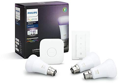 Philips Hue White and Color Ambiance Starter Kit 2 Lampadine Smart, Attacco a Baionetta B22, Luce Bianca e Colorata Dimmerabile, 9W, Hue Bridge e Telecomando Smart Button inclusi, Bluetooth