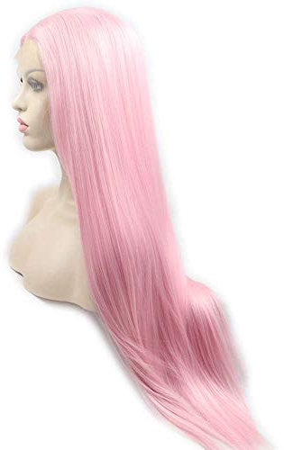 Xiweiya Synthetische Lace-Front-Perücke, lang, seidig, glatt, Babyrosa, hitzebeständige Faser, Make-up/Cosplay-Perücke