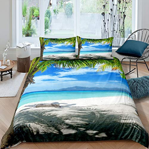 Loussiesd Strand unter dem Motto Bettwäsche Set 135x200cm Ozean Meer Bedrucktes Bettbezug Set für Kinder Jungen Mädchen Teenager Tropische Palme Betten Set Hawaiian Strand Room Decor