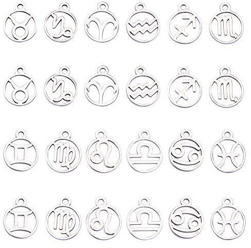 SUNNYCLUE 1 Box 24 Stück Edelstahl Flach Rund 12 Konstellationen Tierkreiszeichen Charms 316L Edelstahl Charms Für Die Herstellung von Armbändern Halsketten Ohrringe Handgemachte Accessoires