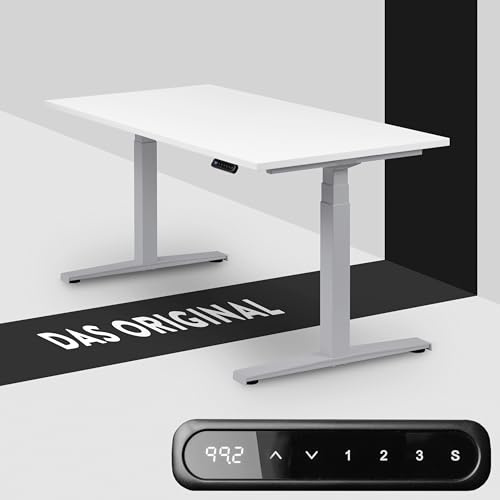 boho office® Höhenverstellbarer Schreibtisch 140 x 80 cm - Elektrisch stufenlos, Memoryfunktion, Kollisionsschutz - Basic Line Silber inkl. Tischplatte in Weiß
